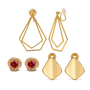 A set of three clip-on earrings. The earrings feature a gold color with one earring having a square shape, and the other two earrings having a geometric layered design.