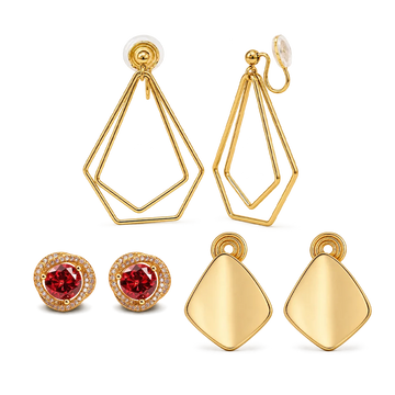 A set of three clip-on earrings. The earrings feature a gold color with one earring having a square shape, and the other two earrings having a geometric layered design.