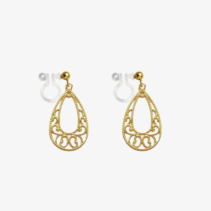 Golden Filigree Teardrop Invisible Clip-On Earrings with intricate design, lightweight and perfect for women.
