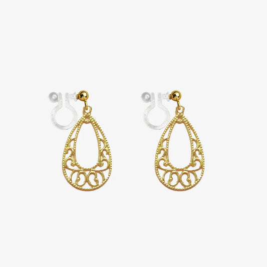 Golden Filigree Teardrop Invisible Clip-On Earrings with intricate design, lightweight and perfect for women.
