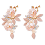 A pair of gold-tone floral drop earrings featuring large and small flower clusters with iridescent pearl-like centers, textured leaf details, and small faceted blue-green stones on a white background.