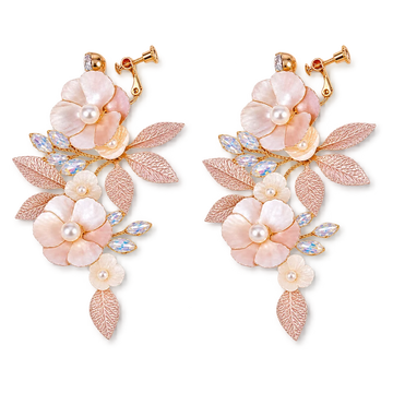 A pair of gold-tone floral drop earrings featuring large and small flower clusters with iridescent pearl-like centers, textured leaf details, and small faceted blue-green stones on a white background.