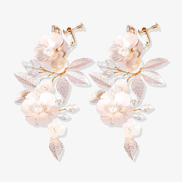 Golden Leaf & Blossom Clip-On Earrings with faux pearls and crystal beads.