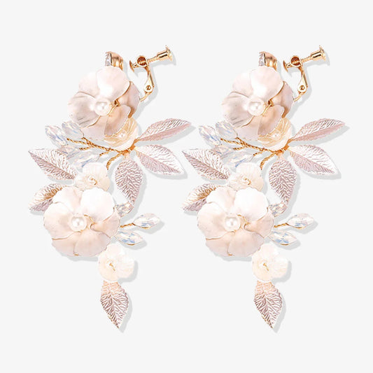 Golden Leaf & Blossom Clip-On Earrings with faux pearls and crystal beads.