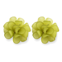 Green flower clip-on earrings pair view on white background, showing layered petal design in chartreuse tone