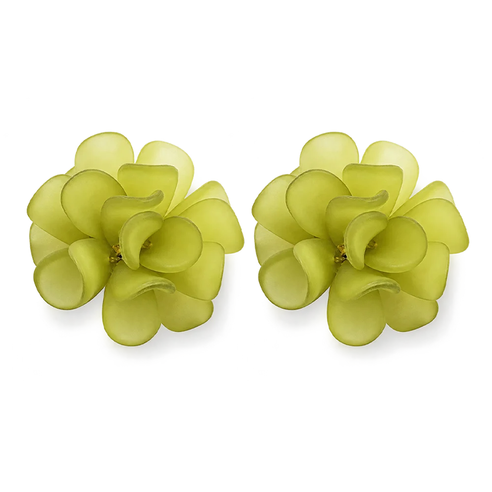 Green flower clip-on earrings pair view on white background, showing layered petal design in chartreuse tone