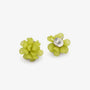 Green Flower Clip-On Earrings with silver metal tops displayed on white background with botanical styling