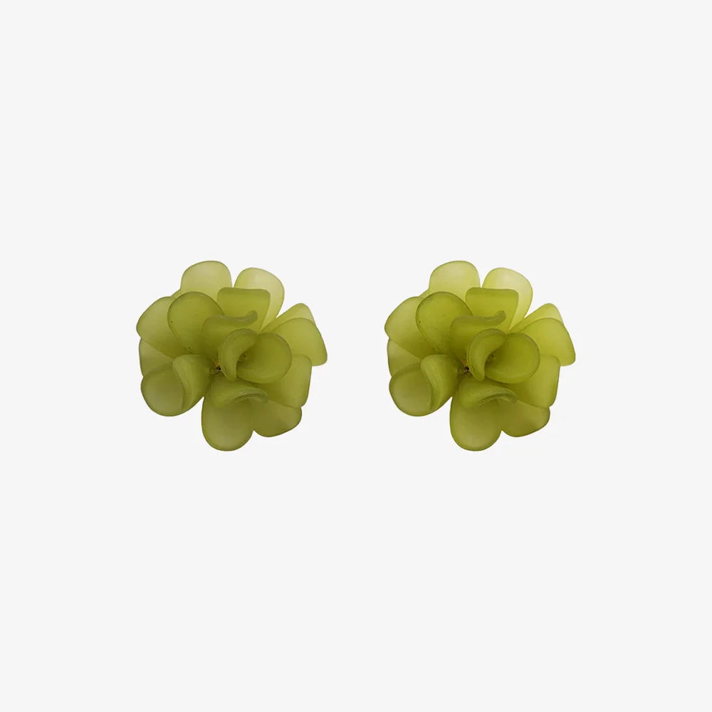 Green flower clip-on earrings pair view on white background, showing layered petal design in chartreuse tone
