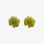 Green flower clip-on earrings pair view on white background, showing layered petal design in chartreuse tone