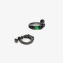 Black hoop earrings with green gemstones on a white background