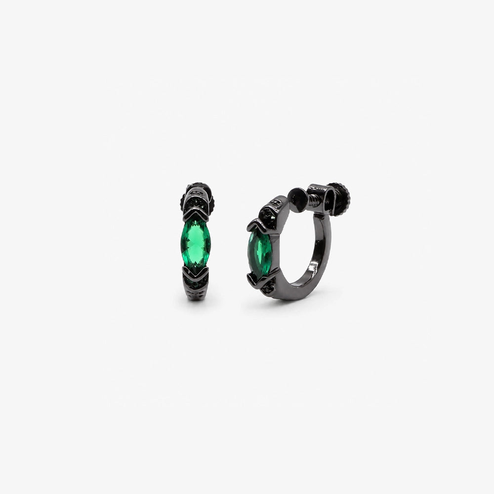 Emerald Black Screw Back Clip-On Hoop Earrings on white bakcground