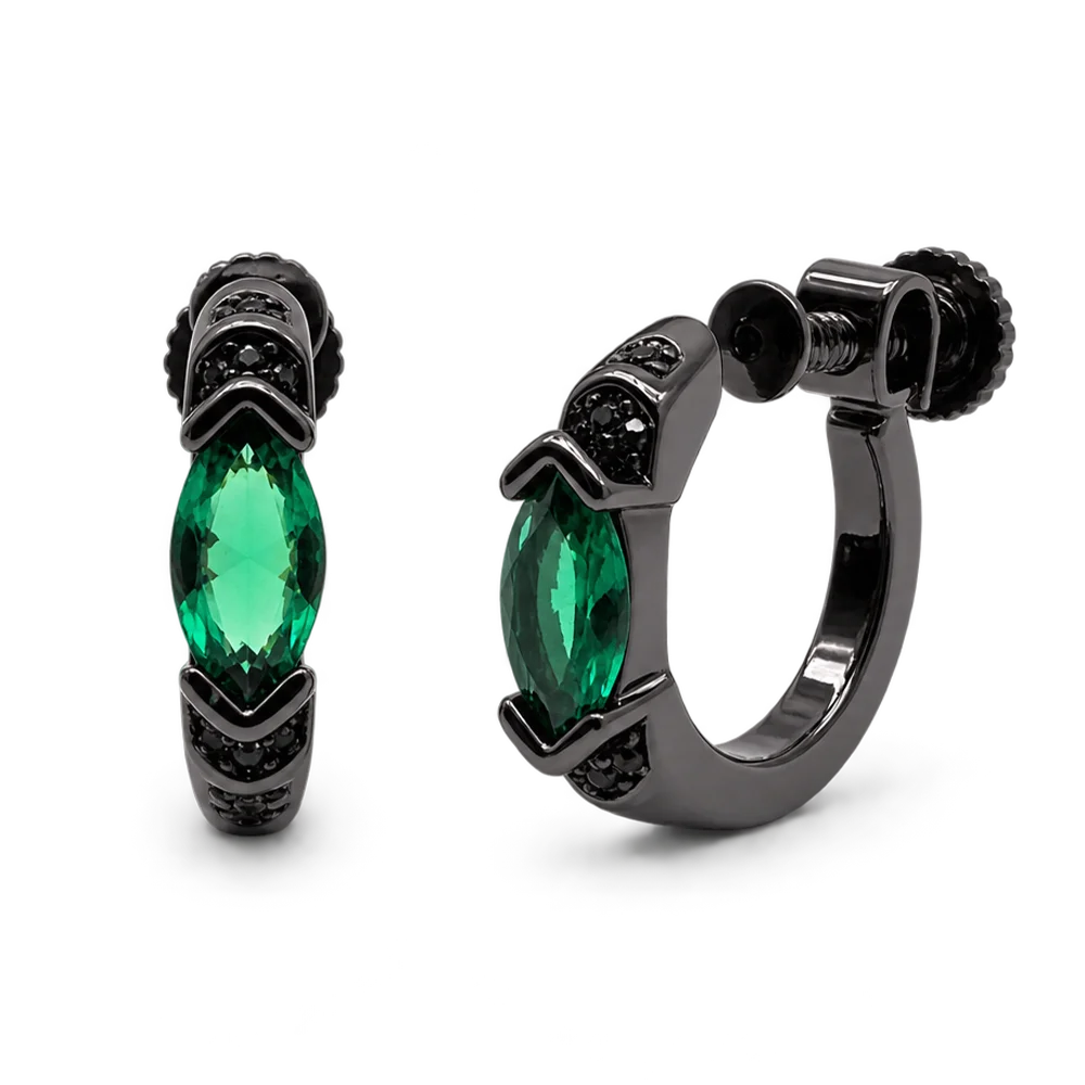 Emerald Black Screw Back Clip-On Hoop Earrings on white bakcground
