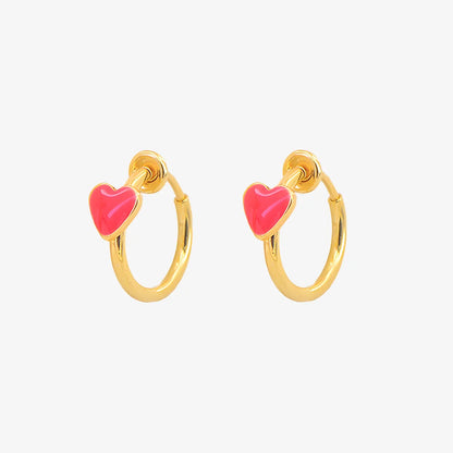 Gold Heart Clip-On Hoop Earrings featuring a red enamel heart and 14k gold plated copper.