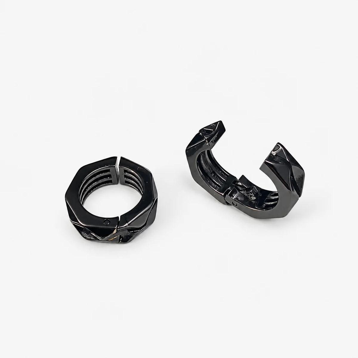 Hex Cut Clip-On Hoop Earrings in Black