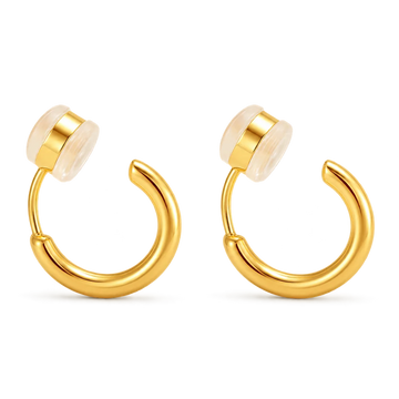 A pair of gold hoop clip on earrings, shown against a plain white background.
