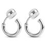 18K white-gold-plated huggie clip-on hoop earrings with a cool silver-tone finish on a white background.