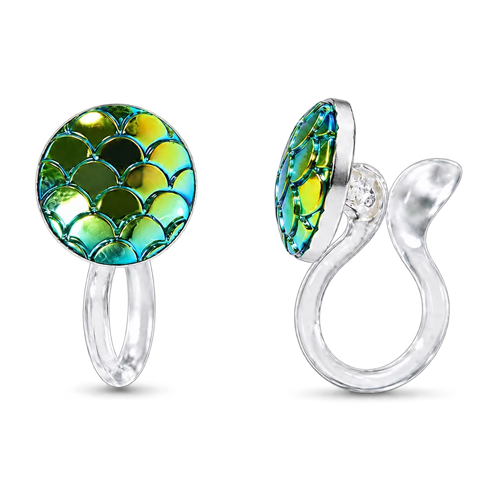 A pair of invisible clip on earrings with round iridescent green mermaid-scale face studs, shown from front and side angles on a white background.