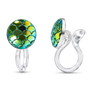 A pair of invisible clip on earrings with round iridescent green mermaid-scale face studs, shown from front and side angles on a white background.
