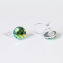 Iridescent green mermaid scale invisible clip-on earrings displayed front view on white background