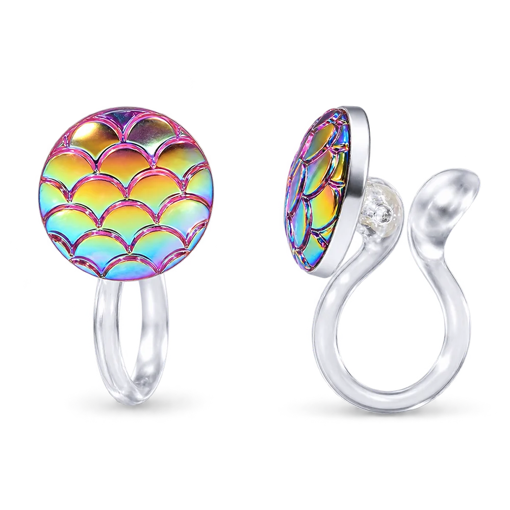 A pair of invisible clip on earrings with round iridescent mermaid-scale face studs, shown from front and side angles on a white background.