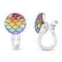 A pair of invisible clip on earrings with round iridescent mermaid-scale face studs, shown from front and side angles on a white background.