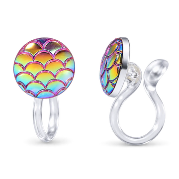 A pair of invisible clip on earrings with round iridescent mermaid-scale face studs, shown from front and side angles on a white background.