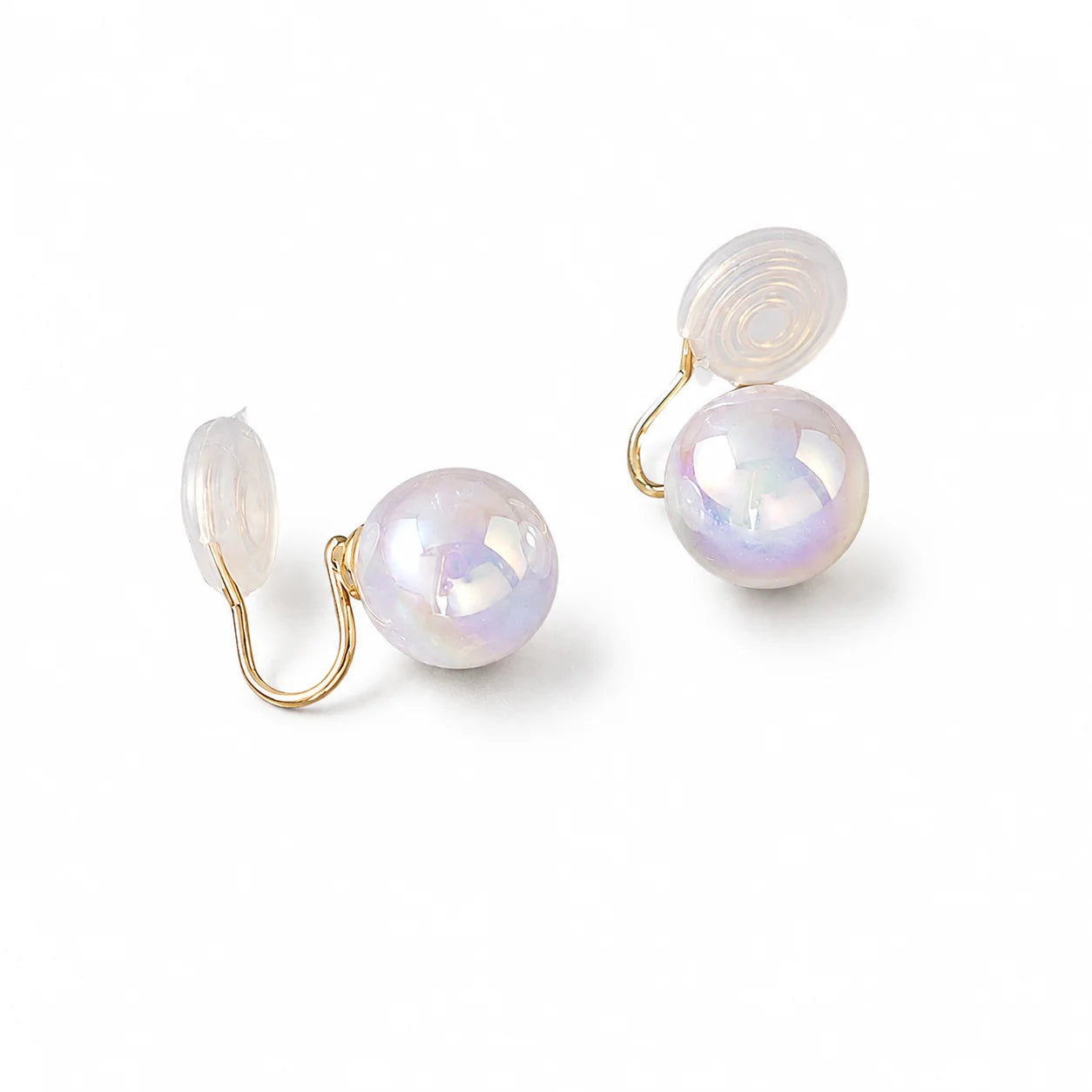 A pair of gold hoop earrings with large, iridescent white pearl drops, shown on a clean white background.