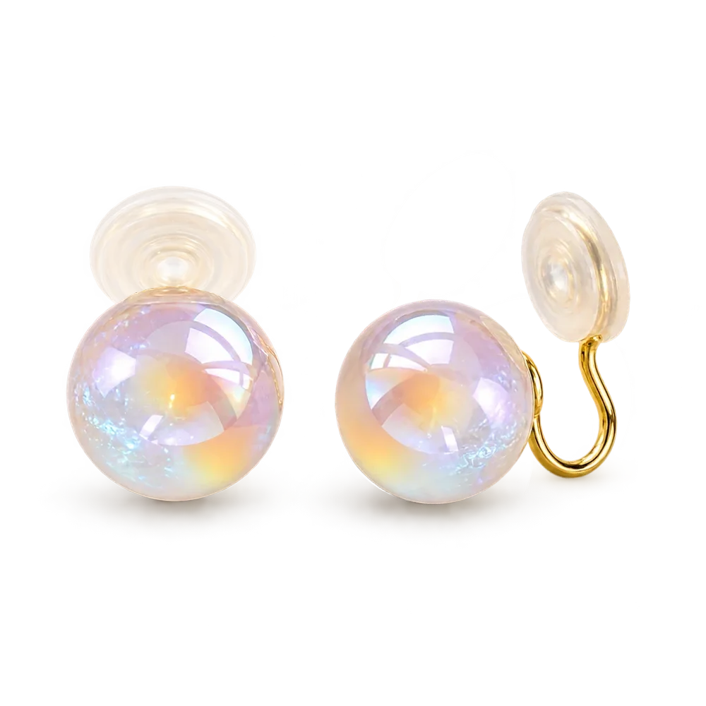 A pair of round iridescent pearl stud earrings with gold-tone and u-type closure, shown on a clean white background.
