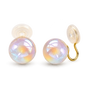 A pair of round iridescent pearl stud earrings with gold-tone and u-type closure, shown on a clean white background.
