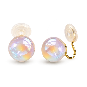 A pair of round iridescent pearl stud earrings with gold-tone and u-type closure, shown on a clean white background.