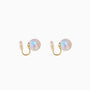 Iridescent pearl clip-on earrings with gold hooks front view on white background