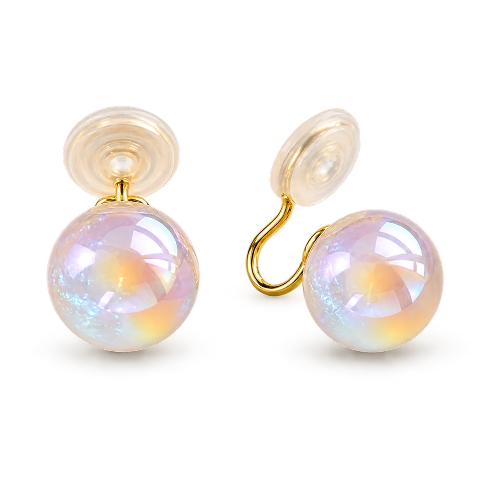 Iridescent pearl clip-on earrings with gold hooks front view on white background