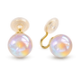 Iridescent pearl clip-on earrings with gold hooks front view on white background