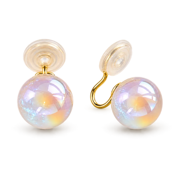 Iridescent pearl clip-on earrings with gold hooks front view on white background