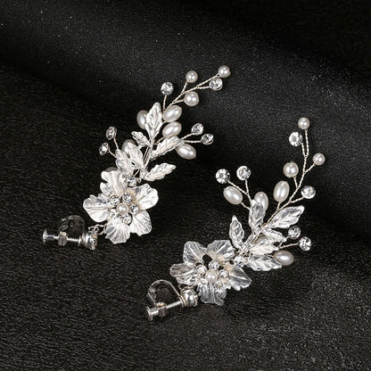 Bridal clip-on earrings with floral design, crafted from acrylic and faux pearls.