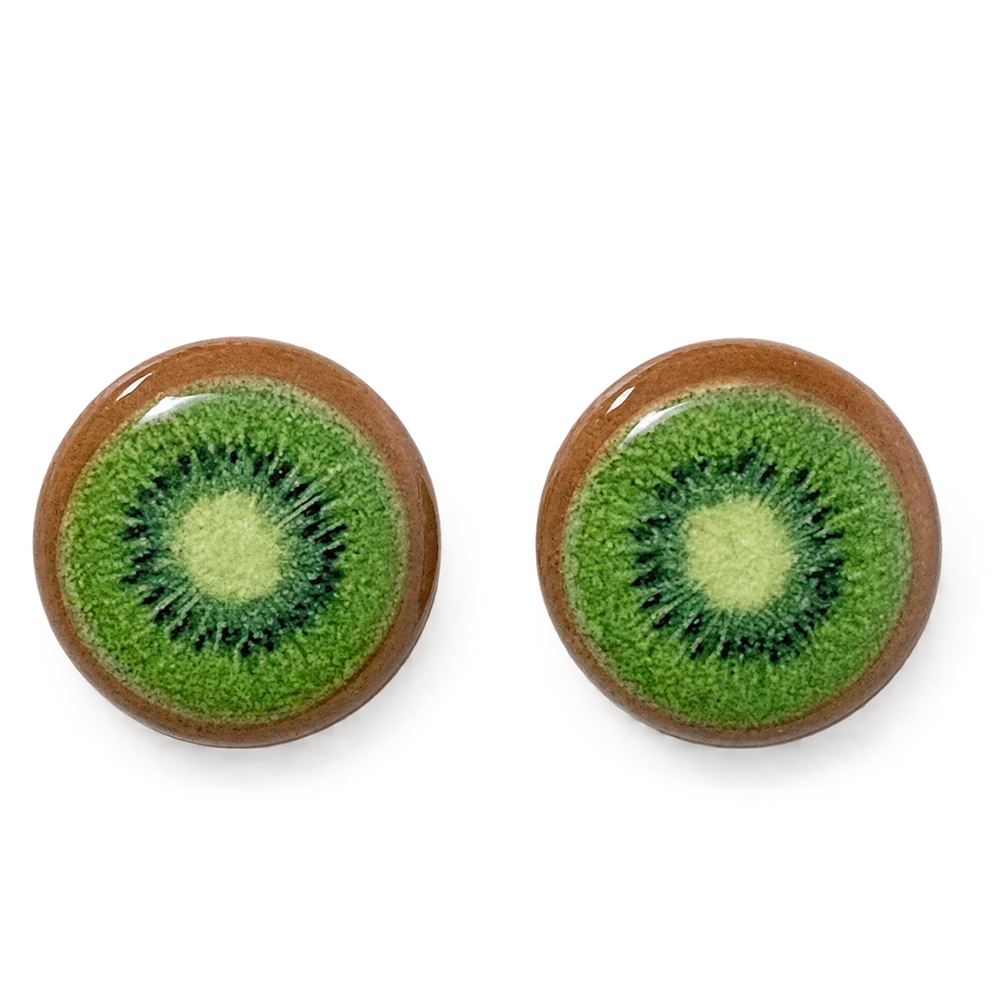 A pair of no-piercing Sweet Kiwi Magnetic Stud Earrings, showcasing their detailed resin fruit slice design, isolated on a white background.
