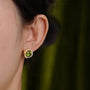 Elegant Large Emerald Zirconia Clip-On Earrings displayed on ear, showing green stone with diamond halo in gold setting, side view