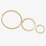 Gold square tube clip-on hoop earrings in three sizes displayed on white background