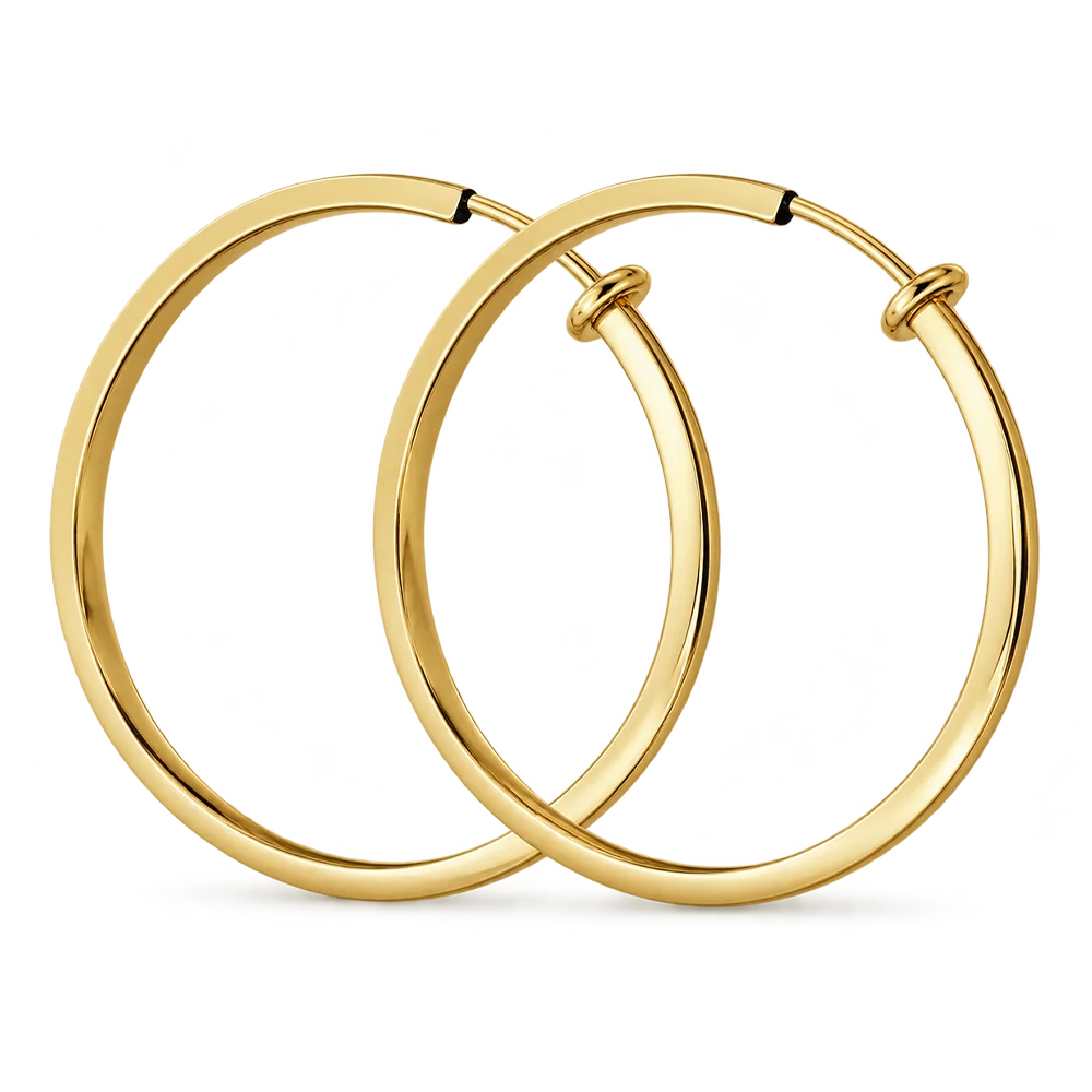 Large square tube clip-on hoop earrings in gold shown from front angle on white background
