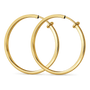 Large square tube clip-on hoop earrings in gold shown from front angle on white background