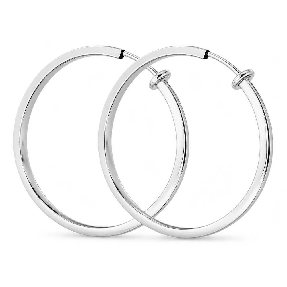 Silver large square tube clip-on hoop earrings front view on white background