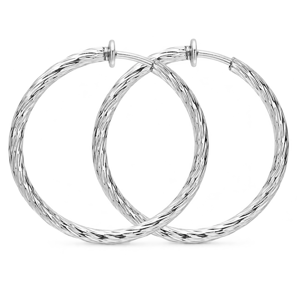 Large twisted textured silver hoop clip-on earrings front view on white background