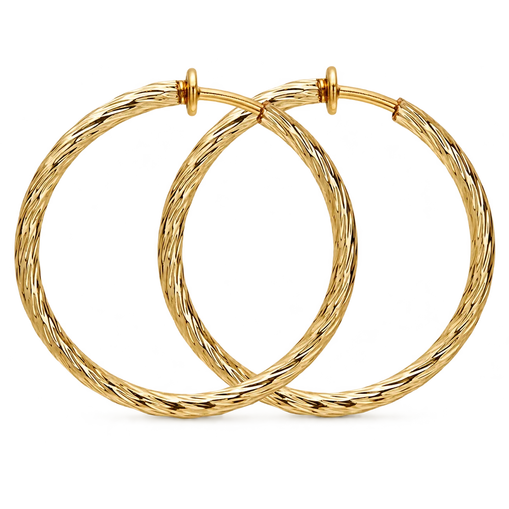 A pair of large gold hoop earrings with a textured, twisted cable-like finish, displayed on a clean white background.