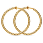 A pair of large gold hoop earrings with a textured, twisted cable-like finish, displayed on a clean white background.