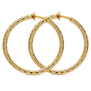 A pair of large gold hoop earrings with a textured, twisted cable-like finish, displayed on a clean white background.