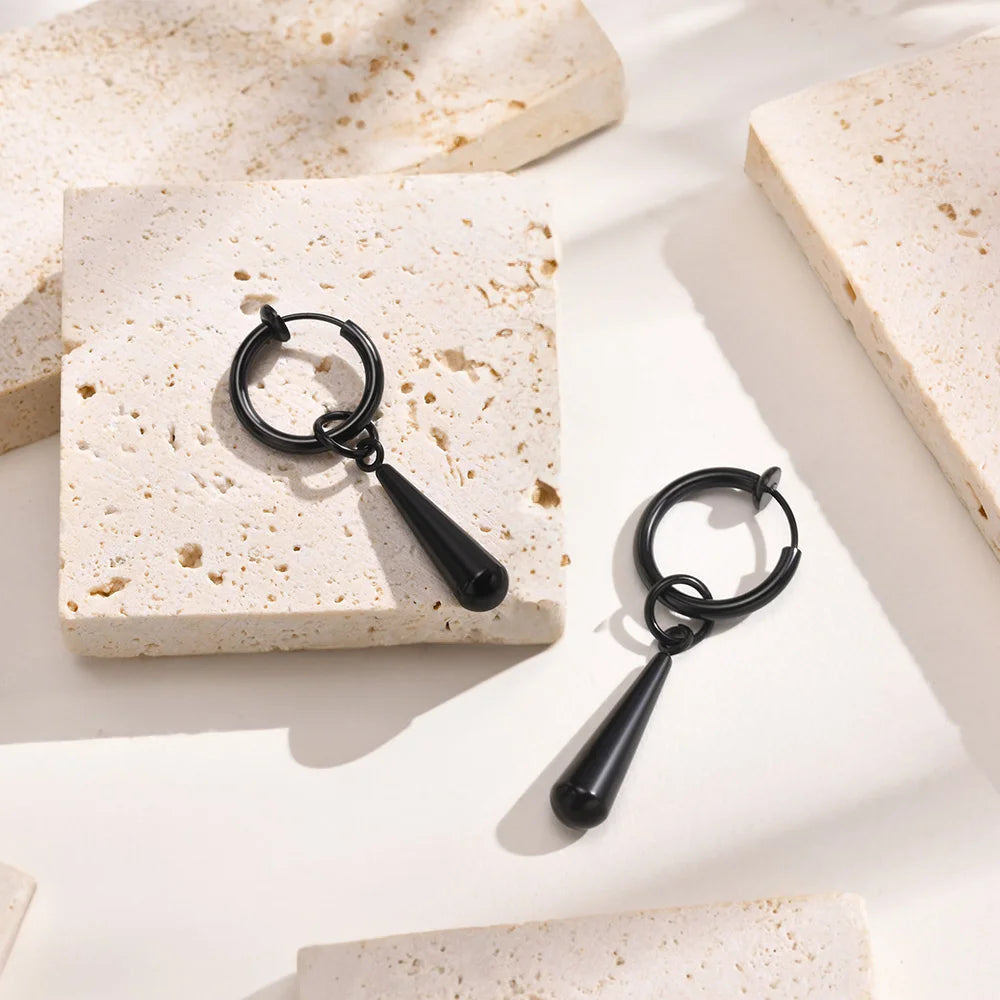 Stylish clip-on earrings for guys in black titanium steel, featuring a secure clip-on design.