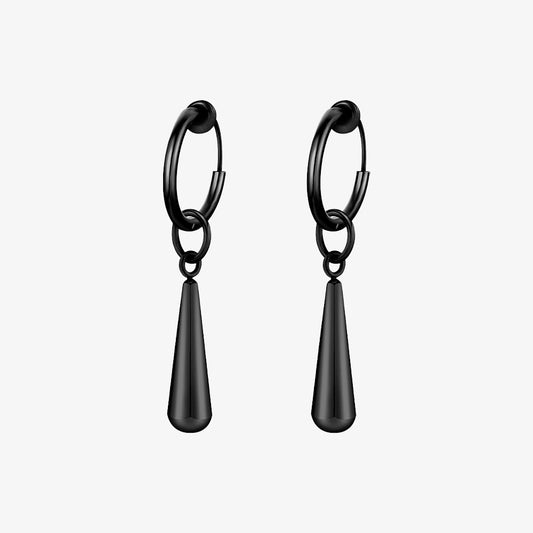 Black Long Drop Clip-On Hoop Earrings with IP black plating titanium steel and a 36mm drop.