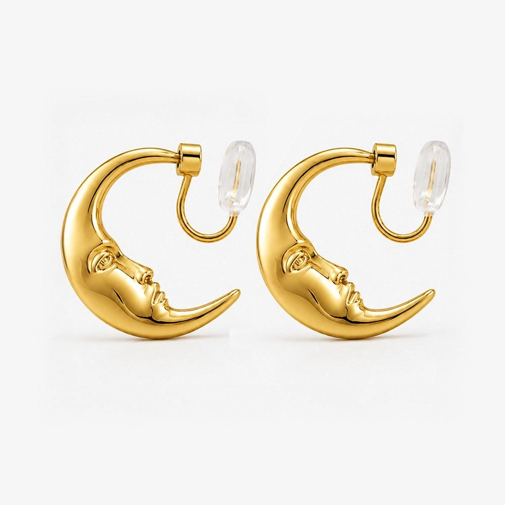 Front view of Lunar Face Gold Rotating Clip-On Earrings highlighting the crescent moon design.