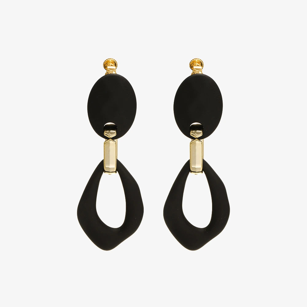 Matte Black & Gold Abstract Tear Drop Clip-On Earrings