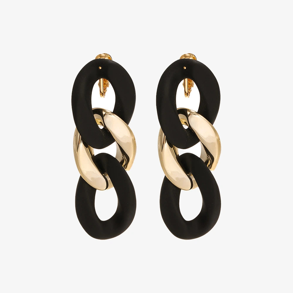 Matte Black & Gold Double Chain Clip-On Earrings